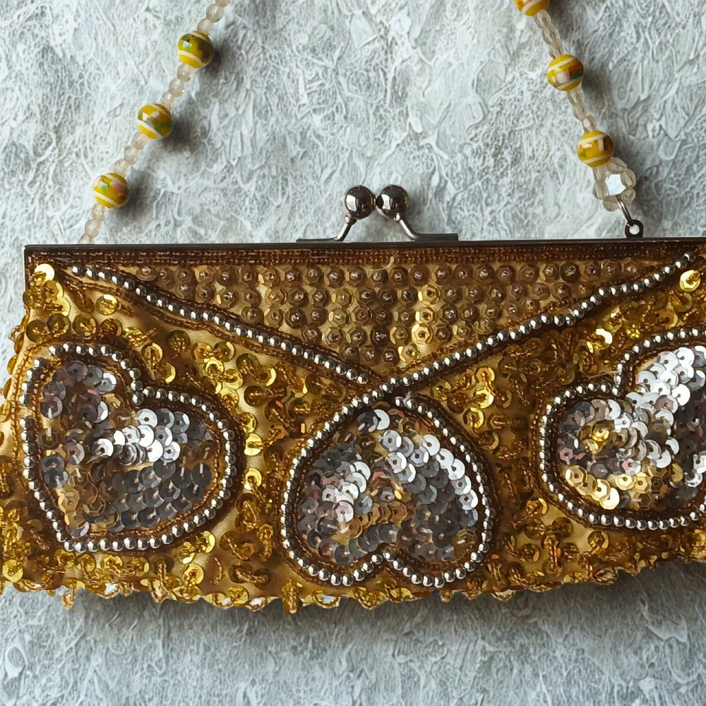 Vintage Gold and Silver Clutch Bag with Beaded Strap - Picture 2 of 8